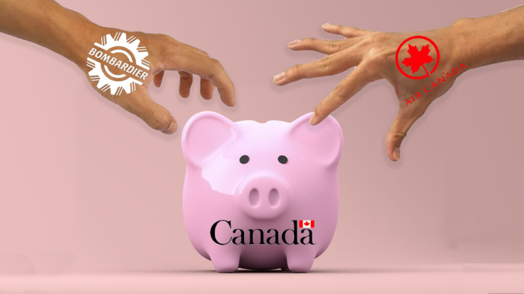 Piggy Bank labeled "Canada" with two hands reaching for it. One labeled "Air Canada" the other "Bombardier"