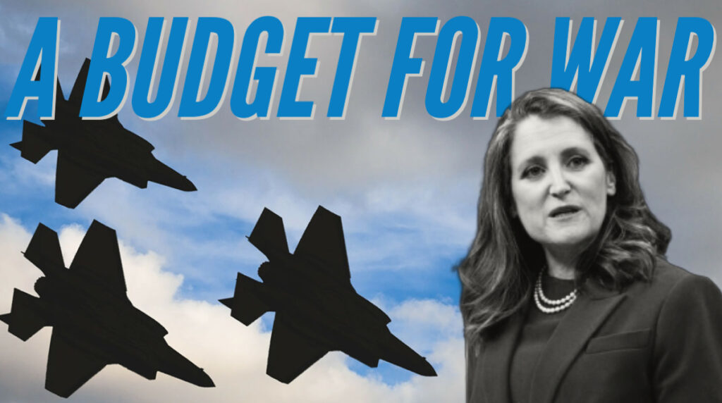 Fighter jets and Chrystia Freeland with text: A budget for war